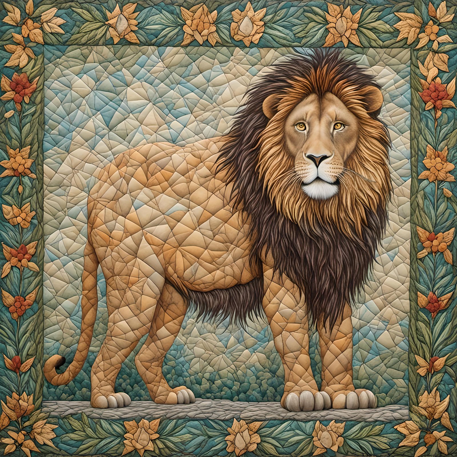 Quilted Lion Illustration with Sharp Edges