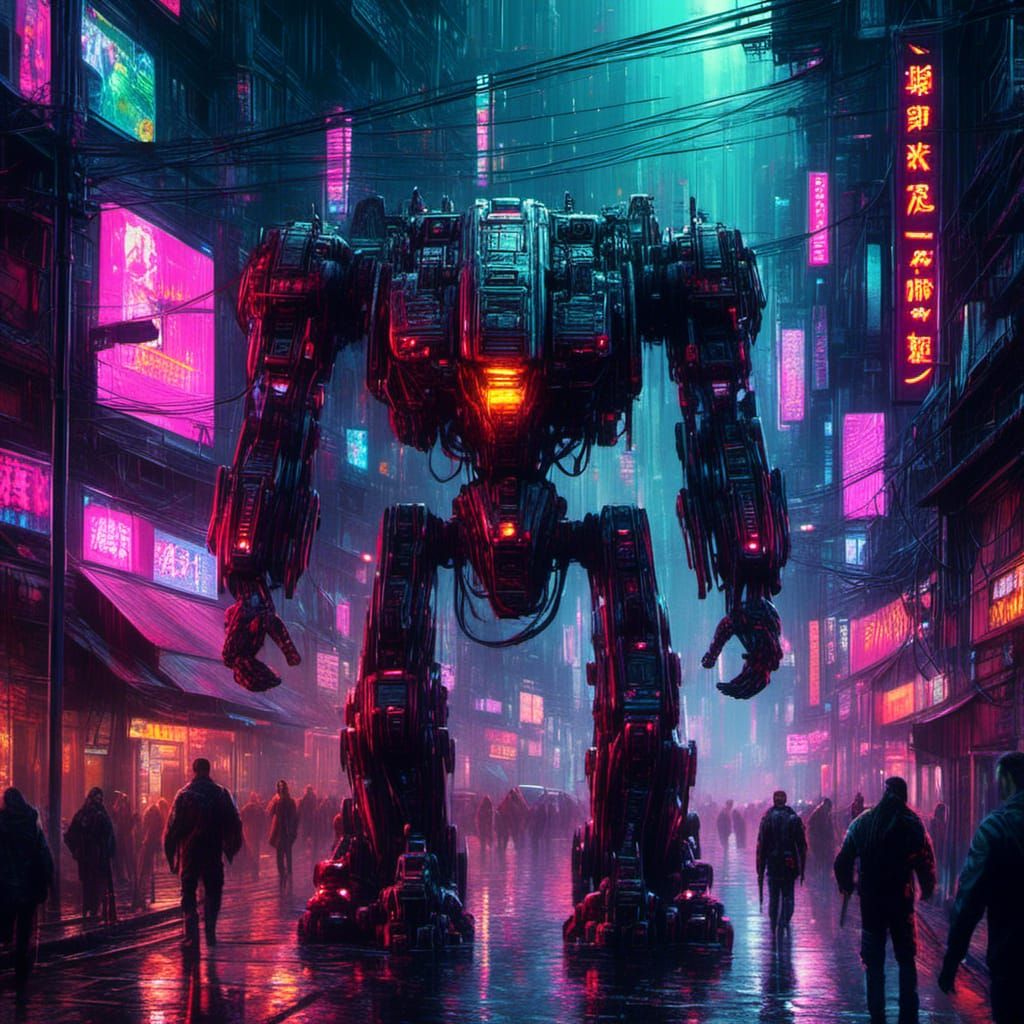 Cyberpunk Mecha Patrolling Dark City Streets