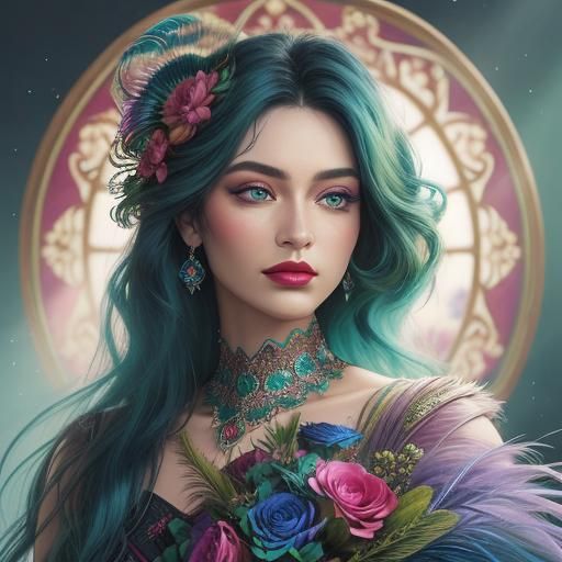 Peacock Woman Portrait with Vivid Details