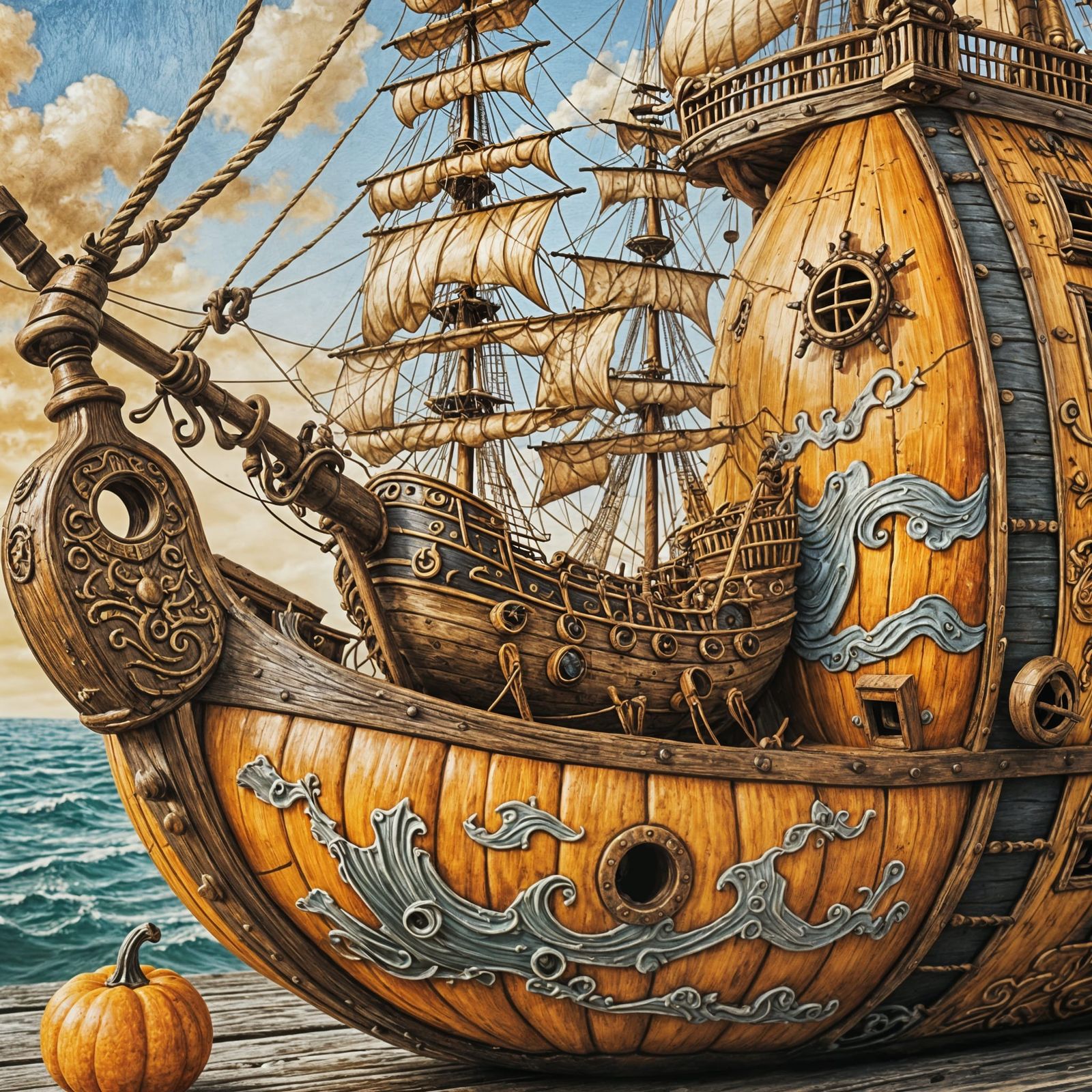 Gourd Pirate Ship in Hyperrealistic Pastel Sketch