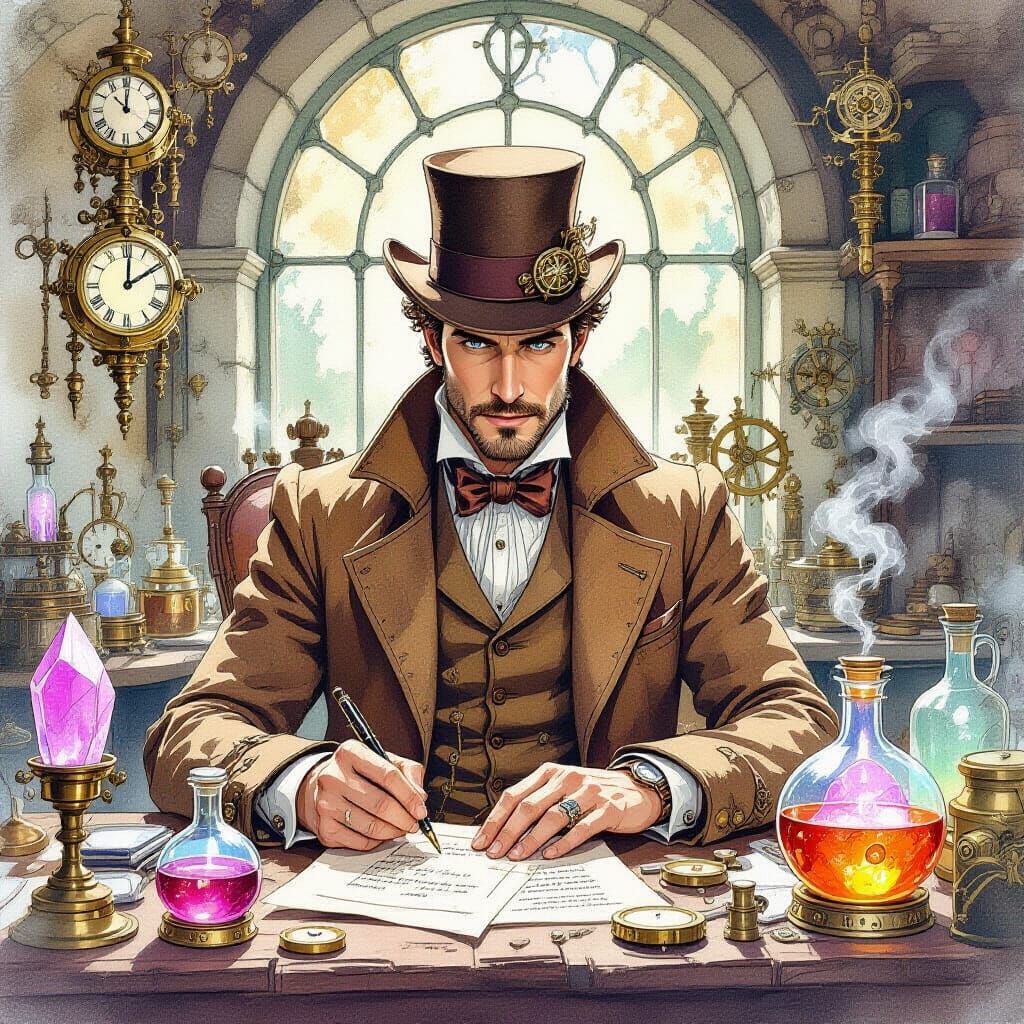 Steampunk Sherlock Holmes in Victorian Workshop