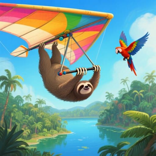 Sloth Hangs Upside-Down From Hang Glider Over Tropical Lake