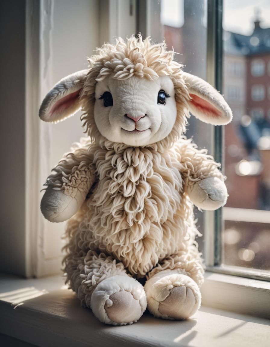 Fluffy Lamb Plushie on Window Sill