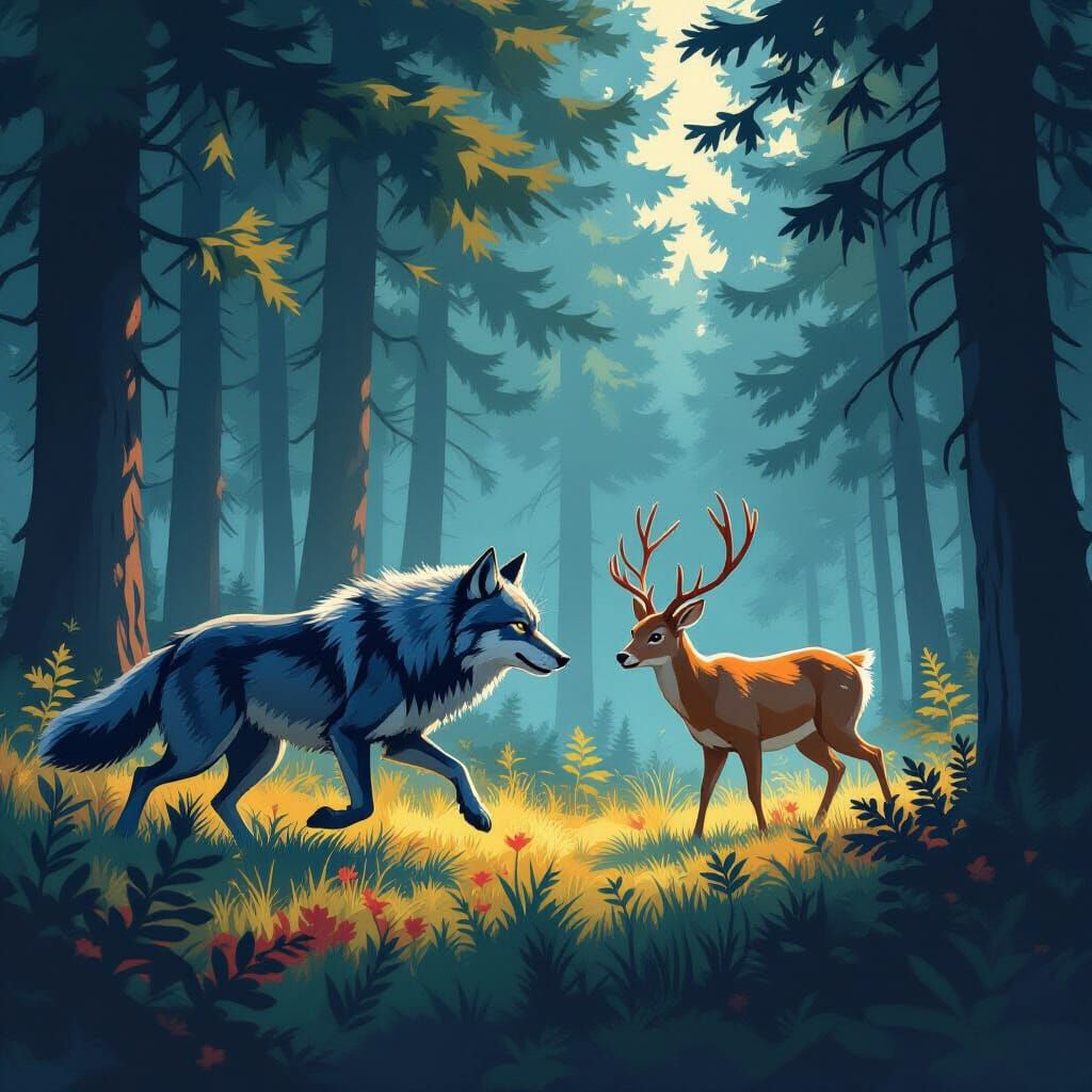 Wolf Chasing Deer in Forest, Atmospheric Lighting