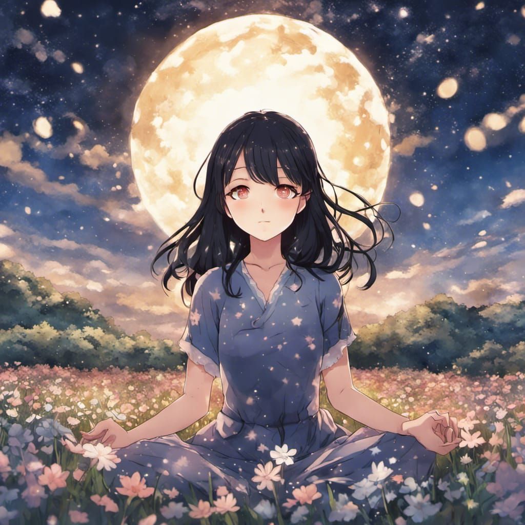 Woman Meditating in Flower Field at Night in Anime Style