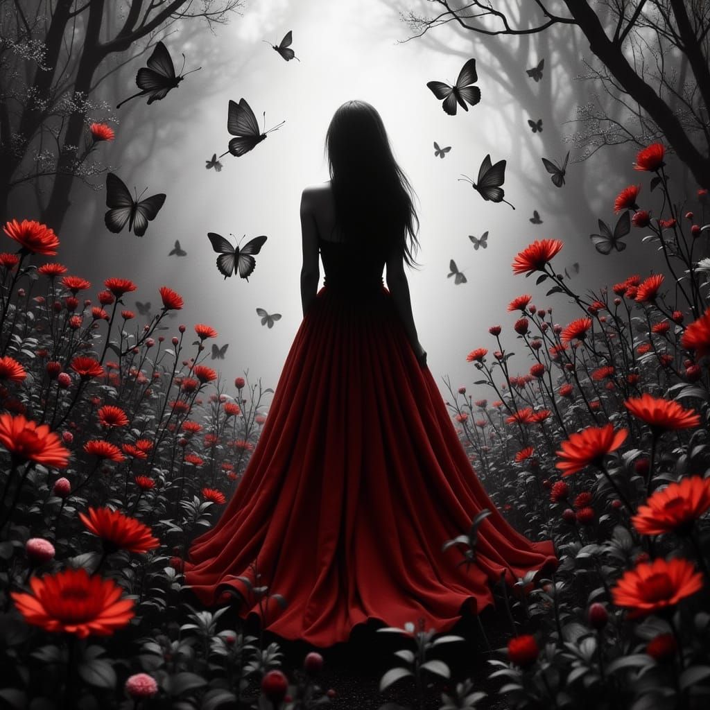 Woman in Red Dress in Monochrome Garden