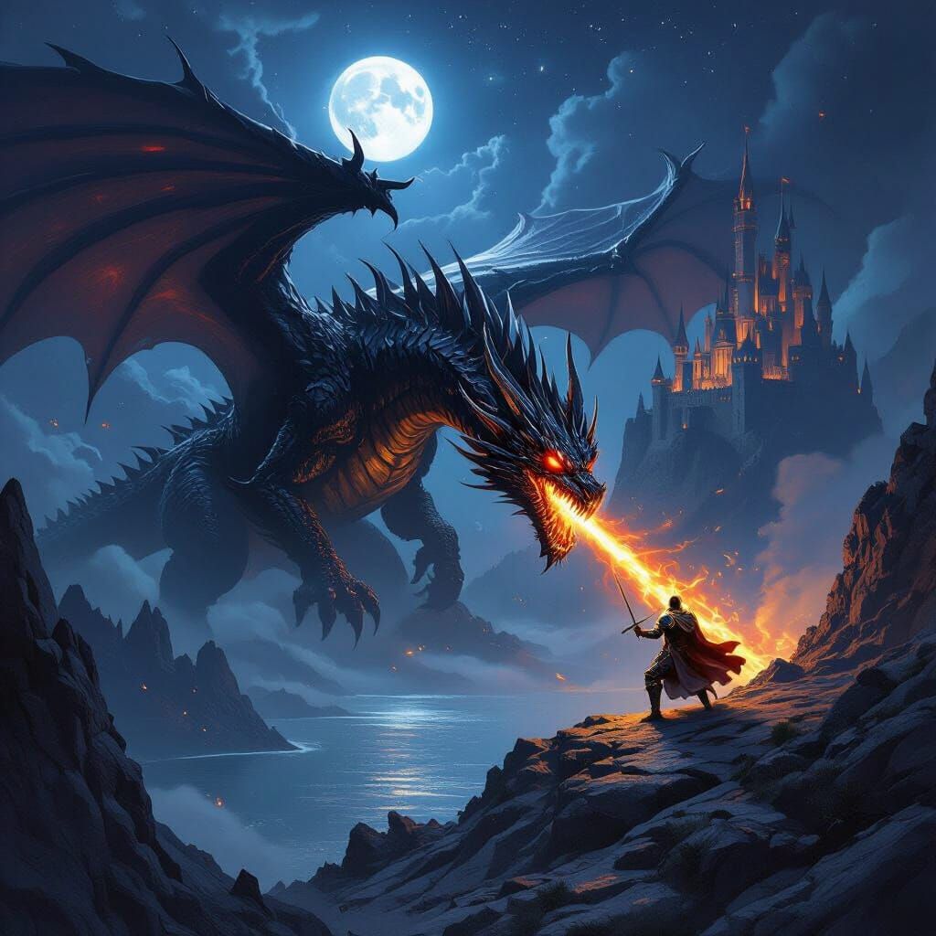 Epic Dragon Knight Battle Above Dark Lake