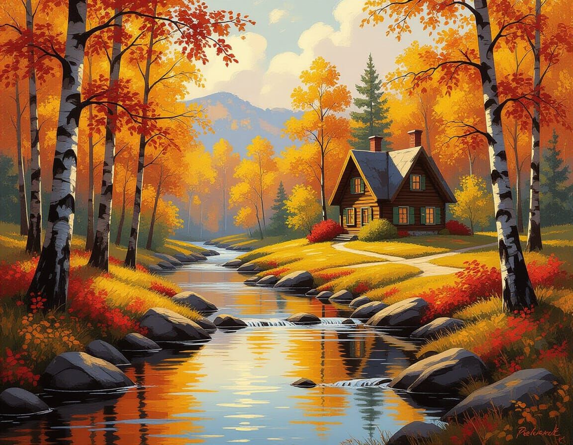 Autumn Forest Cottage Serene Landscape Painting