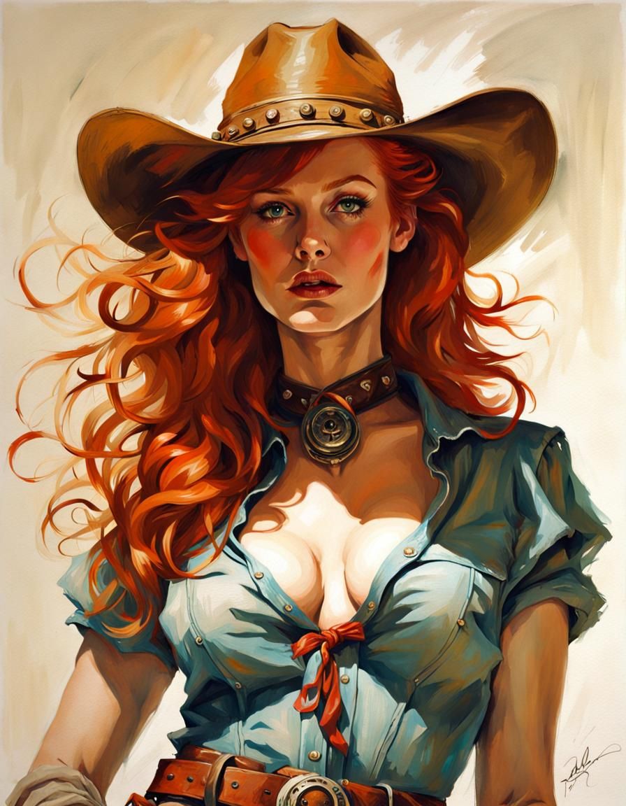 Redhead Cowgirl in Pin-Up Style Art