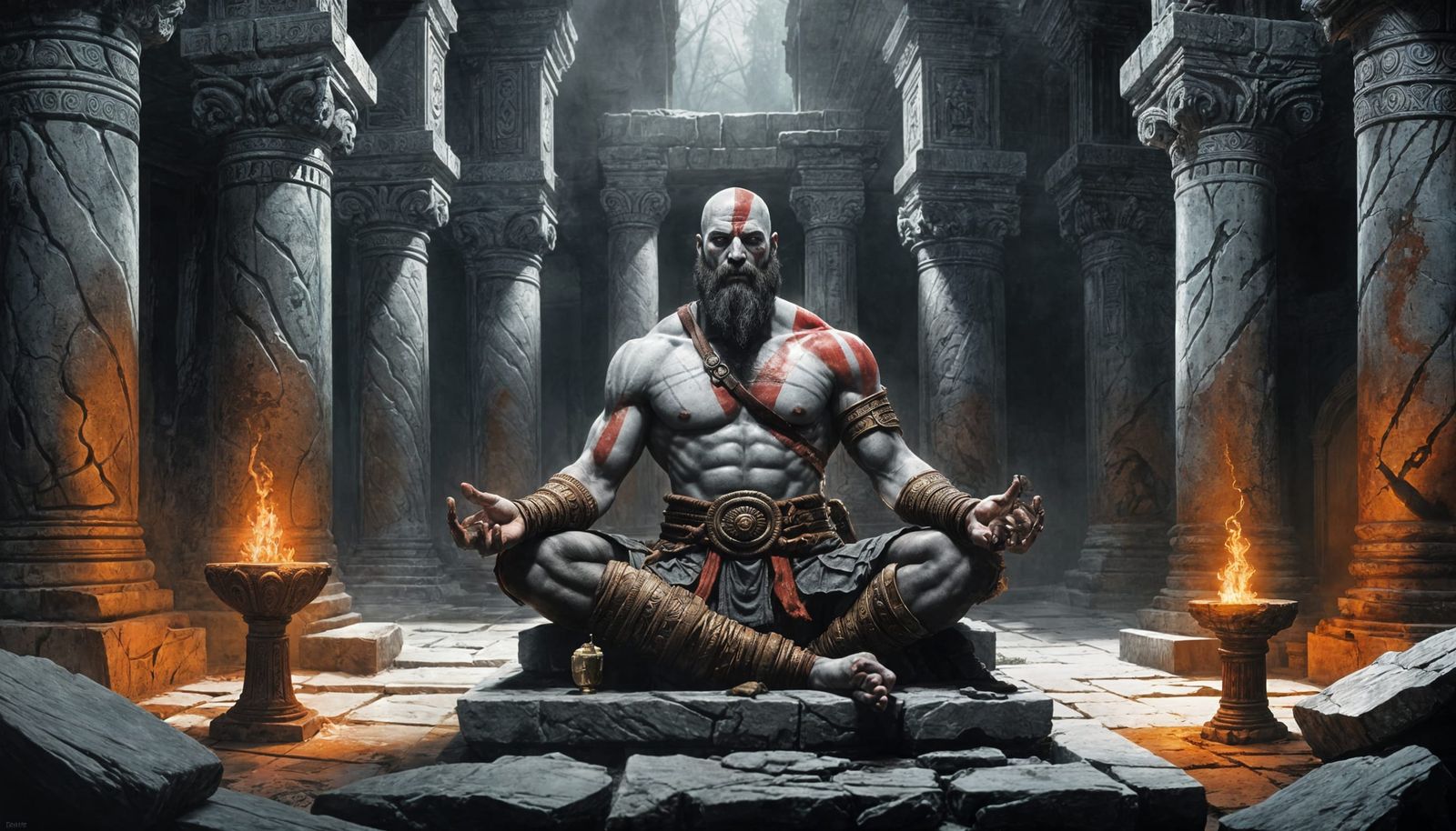 Kratos Meditating in Ancient Temple, Gothic Art Style