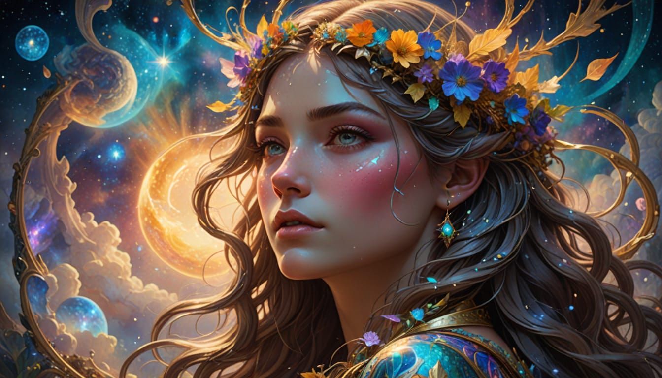 Celestial Goddess Weeping Light in Nebula: Digital Art