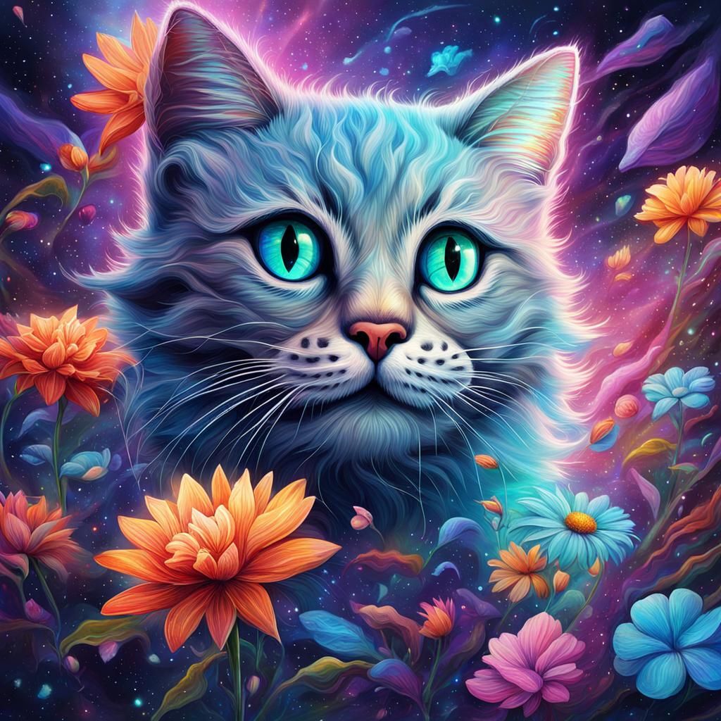 Cat Running to Flower in Cosmic Illustration Style