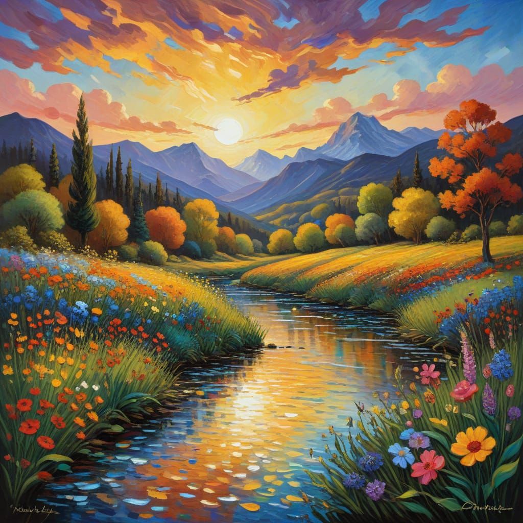 Whimsical Mountainscape in Folk Art Style with Vibrant Flora...