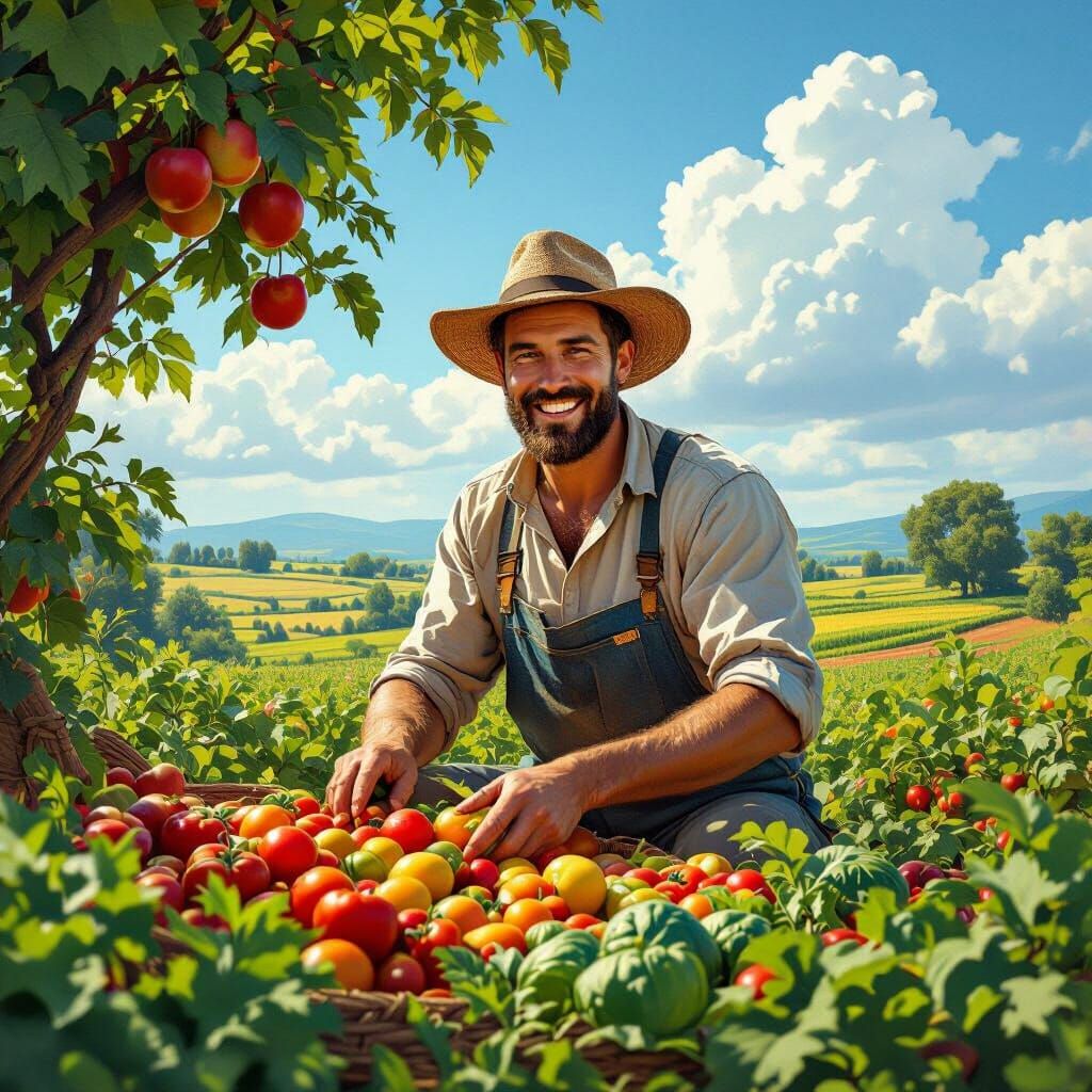 Smiling Farmer Harvesting Fruits in Rural Landscape