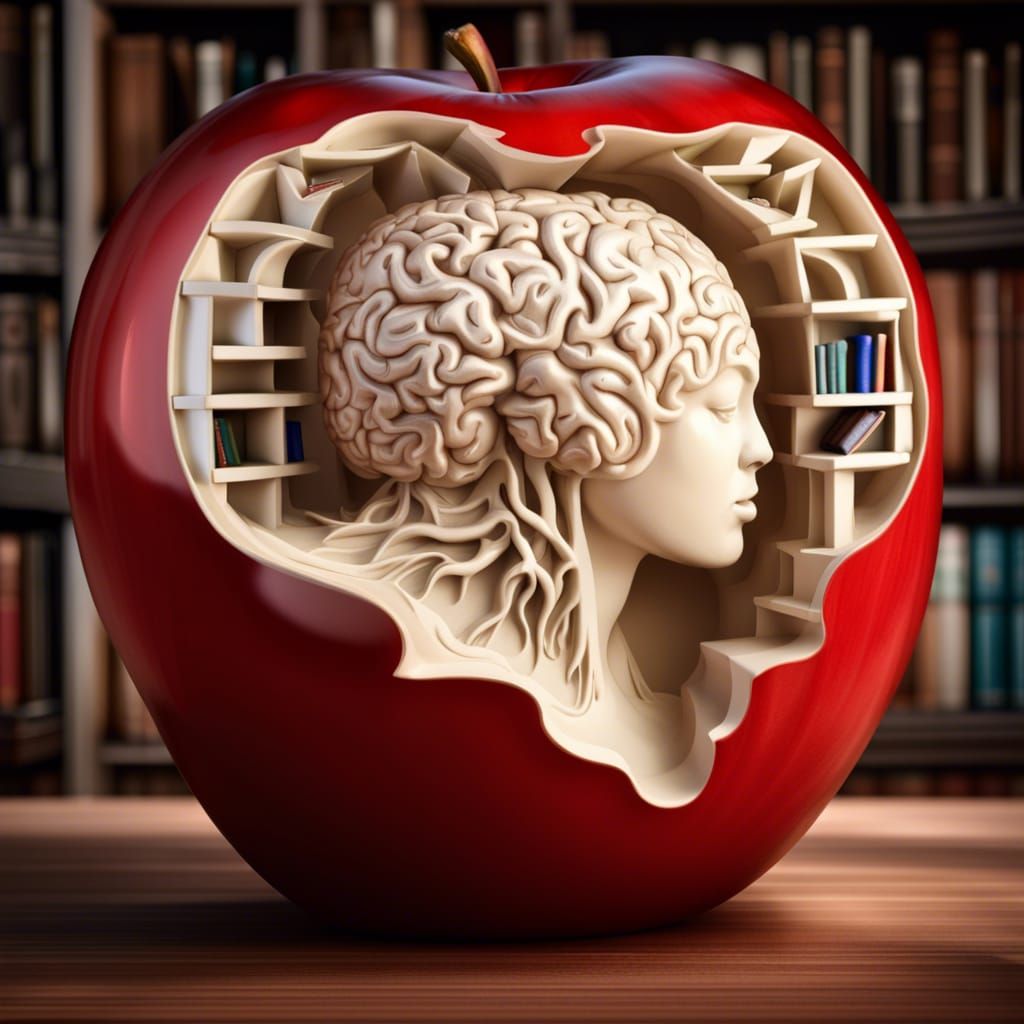 Elaborate Apple with Brain and Library, Digital Art