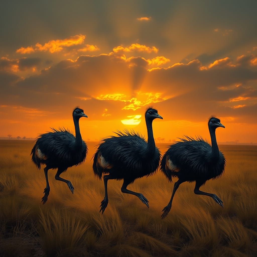 Emus in Motion Amidst a Golden Rembrandt-Inspired Sunset