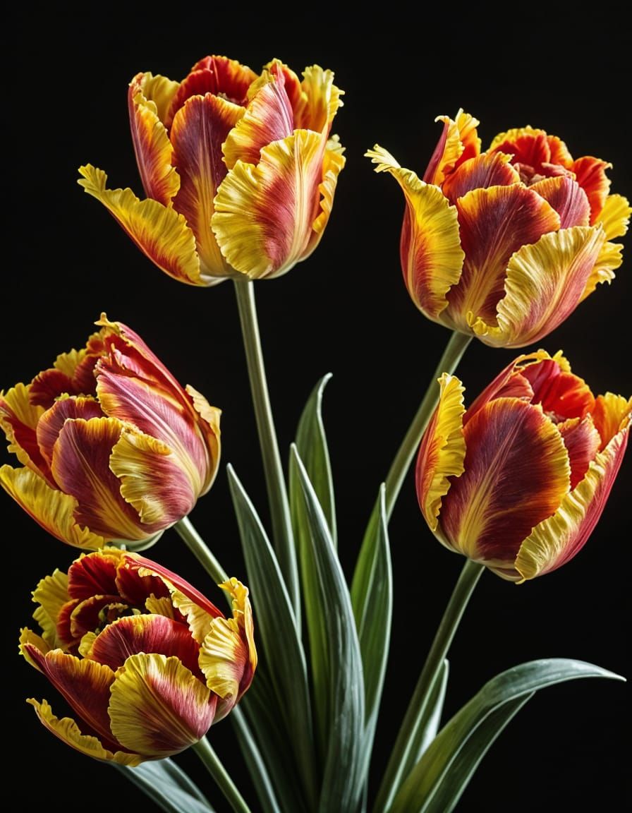 Vibrant Baroque Tulips in Black Porcelain