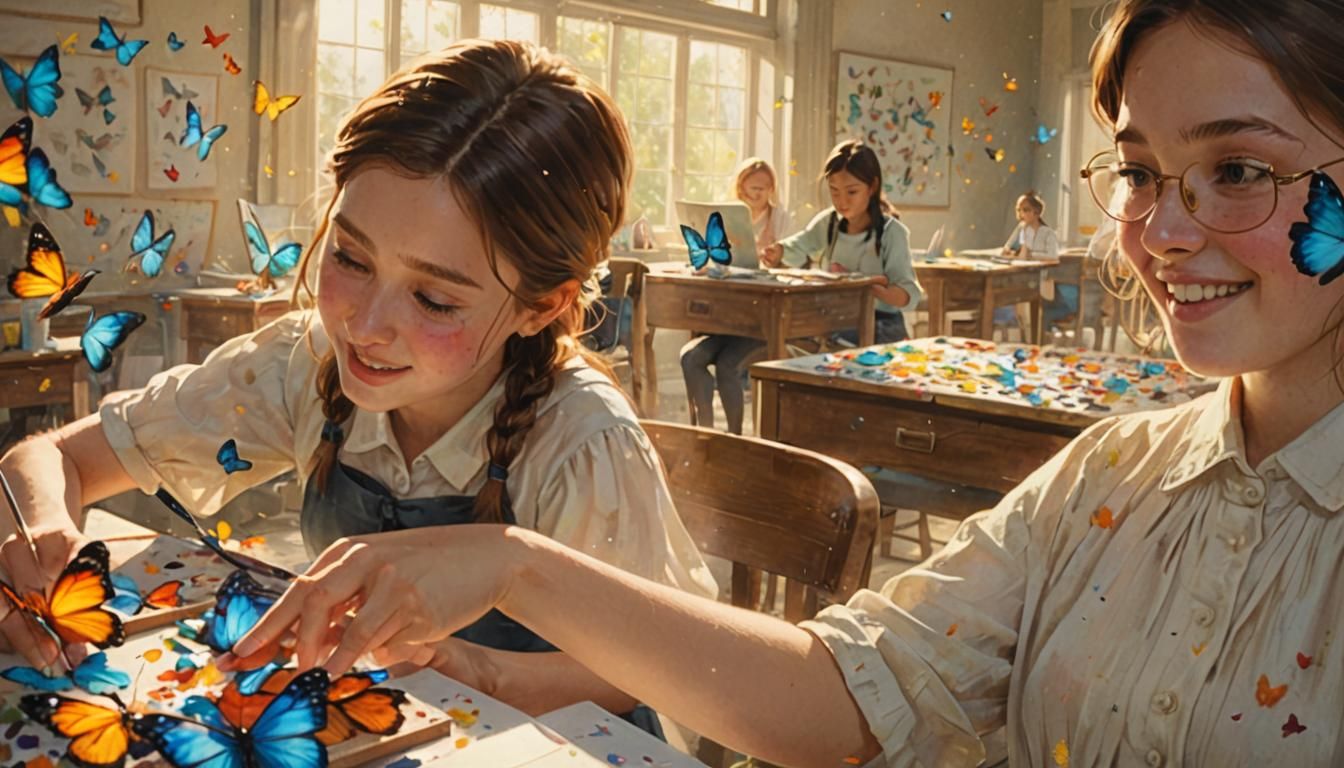 Girls Painting in Butterfly Classroom: Pixar-Style Animation