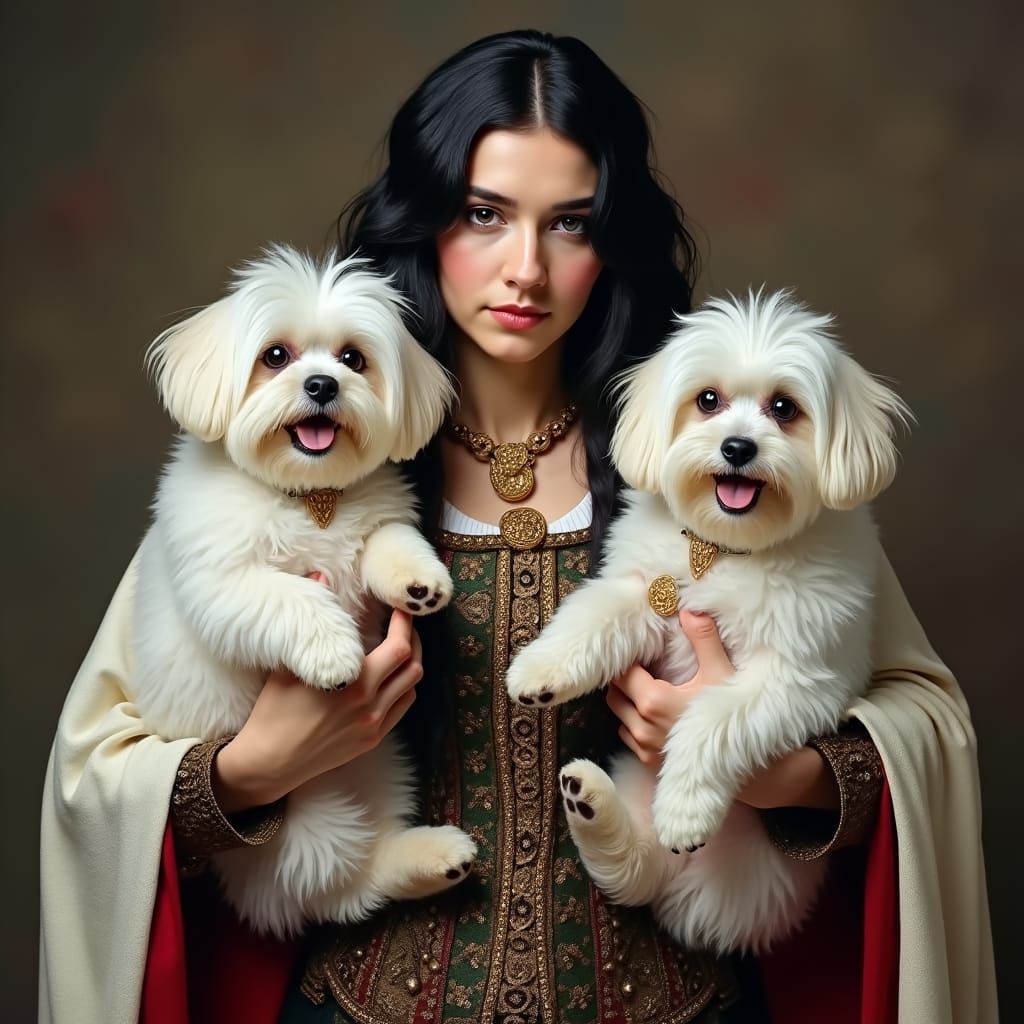 Visigoth Queen with Maltese Shih Tzu Dogs
