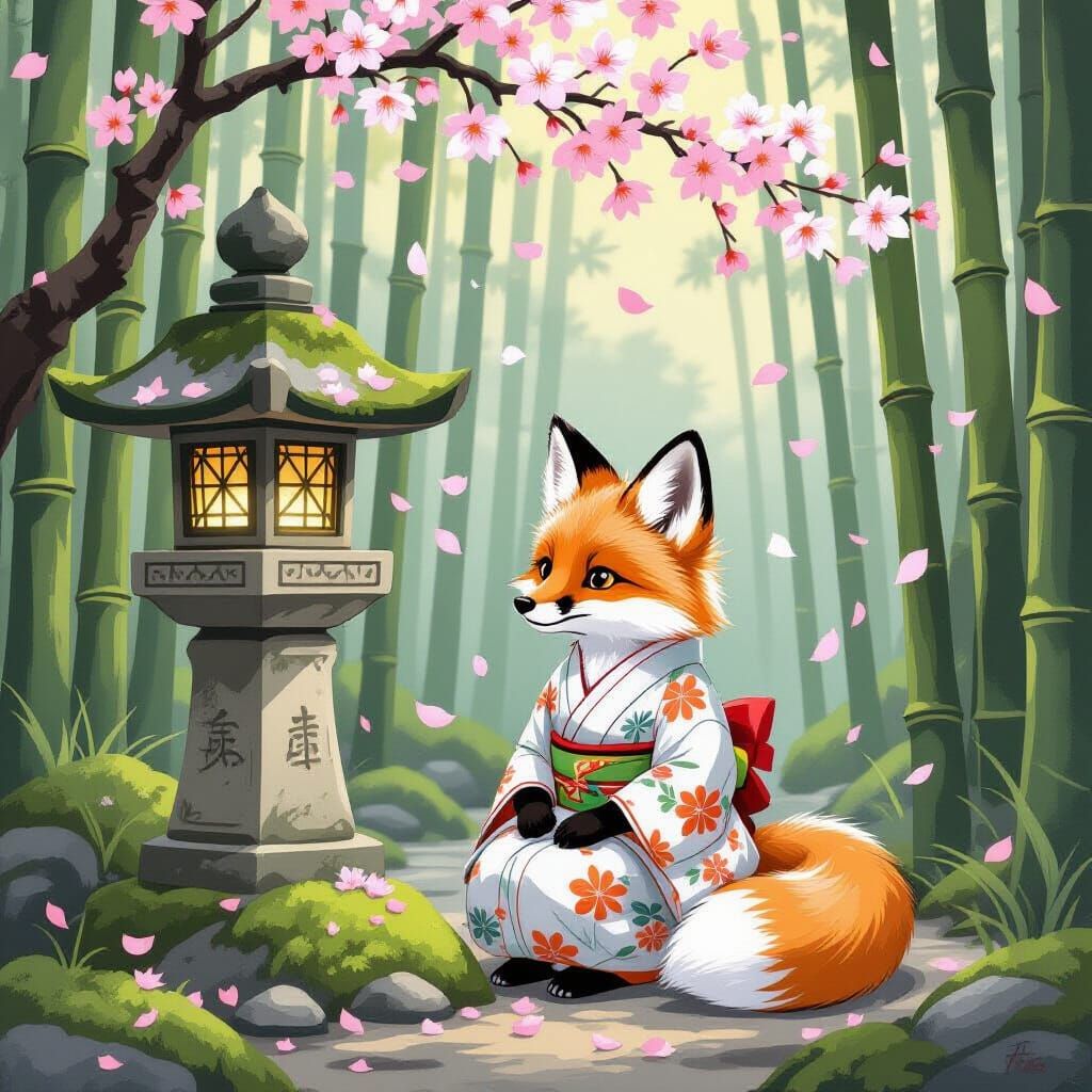 Fluffy Fox in Kimono by Stone Lantern in Bamboo Forest
