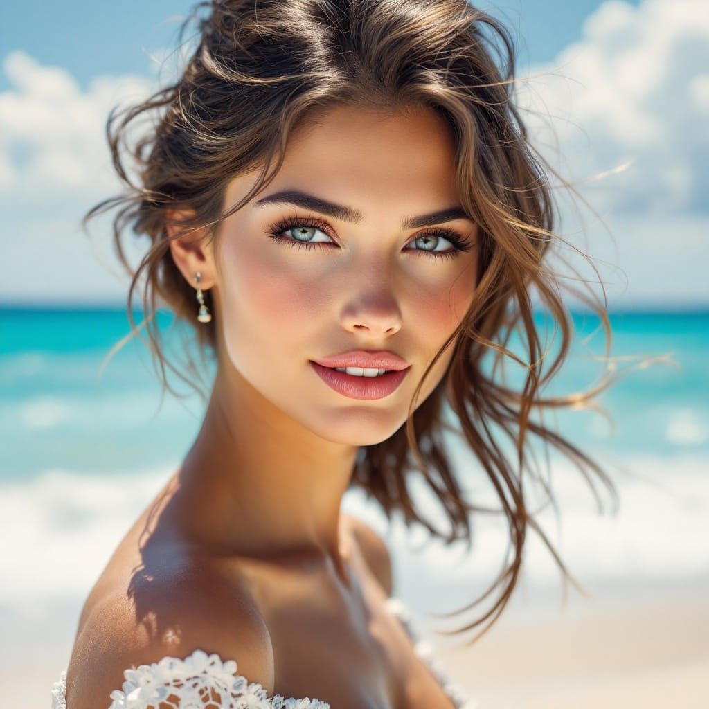 Elegant Woman Basks in Sunshine on a Pristine Beach