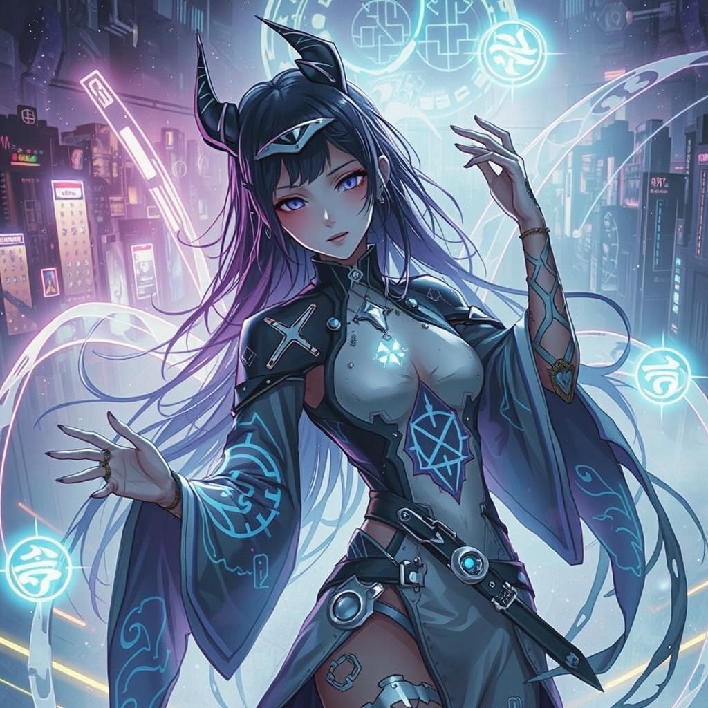 Cyberpunk Tech Priestess in Neon Cityscape