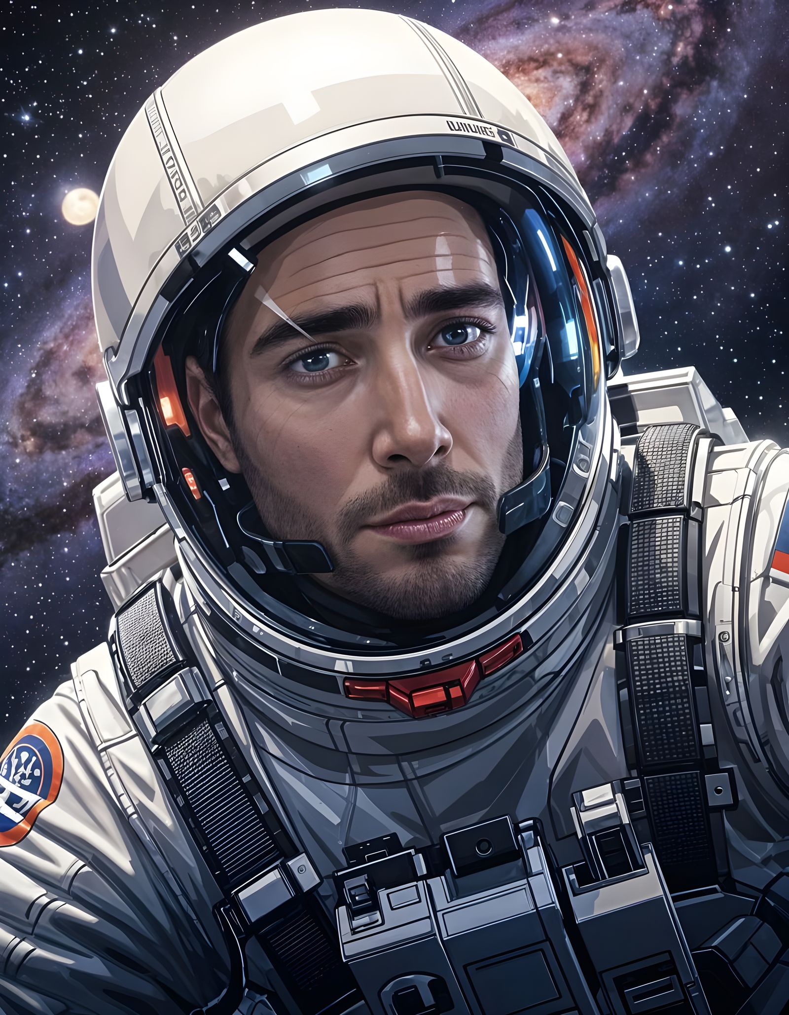 Astronaut Portrait Amidst Swirling Galaxies
