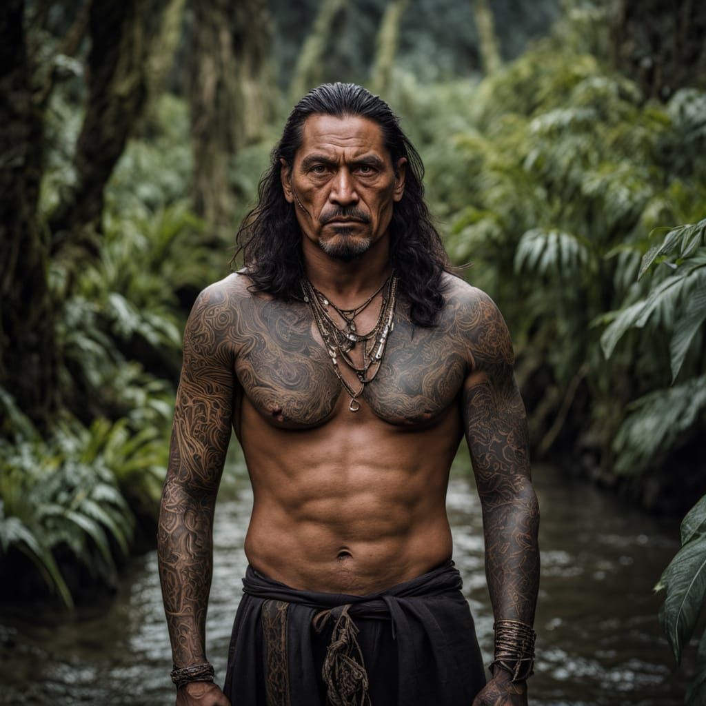 Māori Man with Ta Moko Tattoos, Fierce Expression