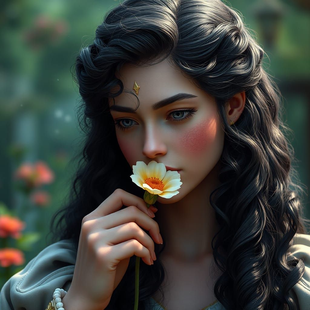 Beautiful Medieval Princess Smelling a Flower