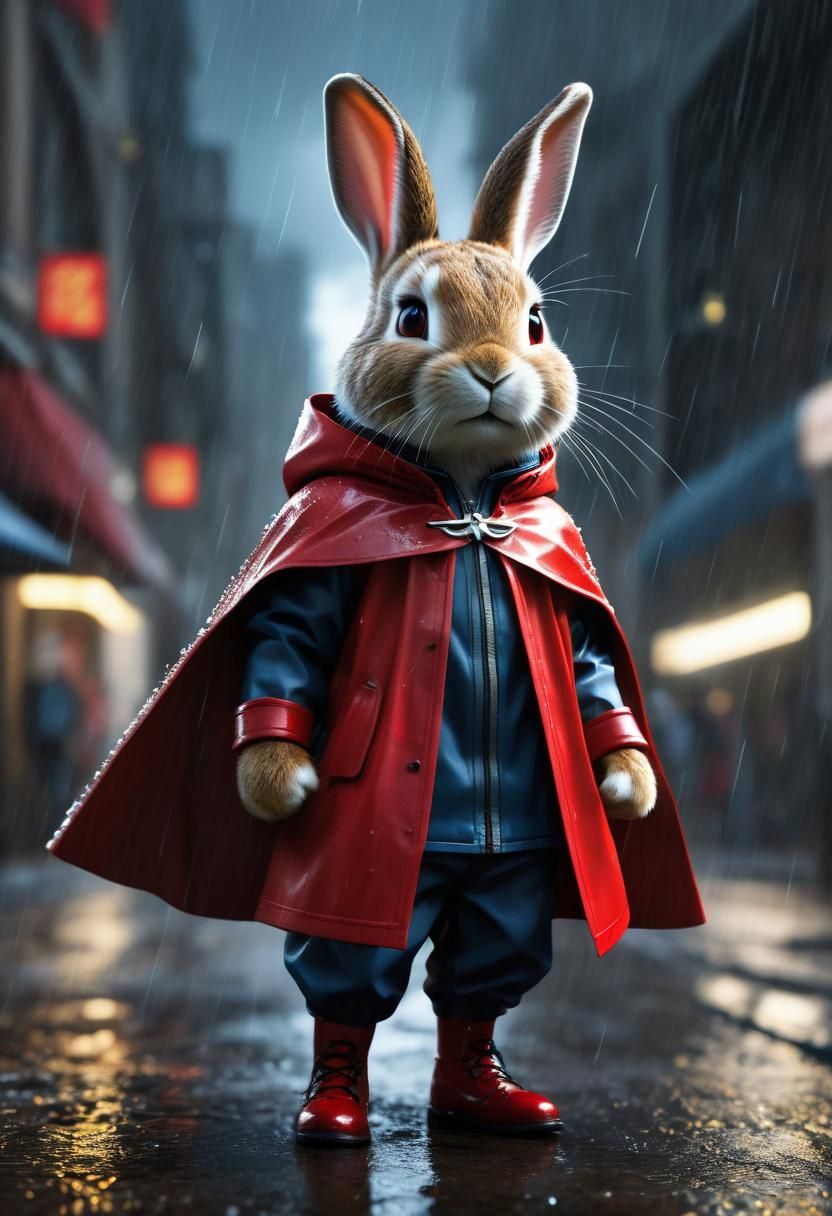 Rabbit Superhero in Raincoat, Digital Art