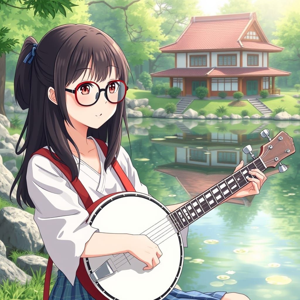 Anime Woman Plays Banjo by Japanese Pond