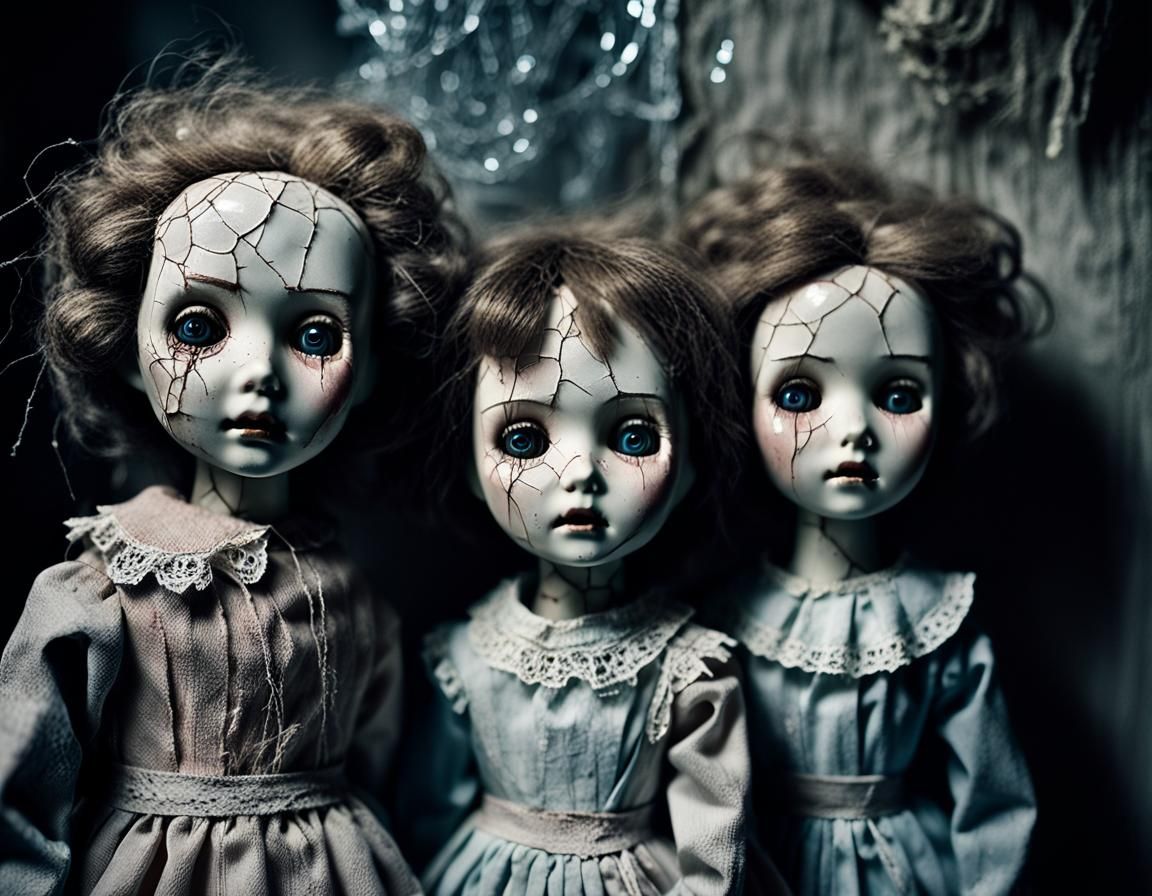 Eerie Porcelain Dolls in Abandoned Room: Dark Surrealism