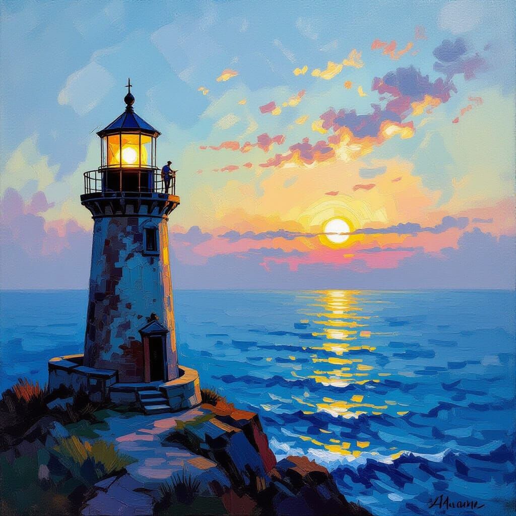 Lighthouse Keeper Tends Lamp At Dawn In Impasto Style