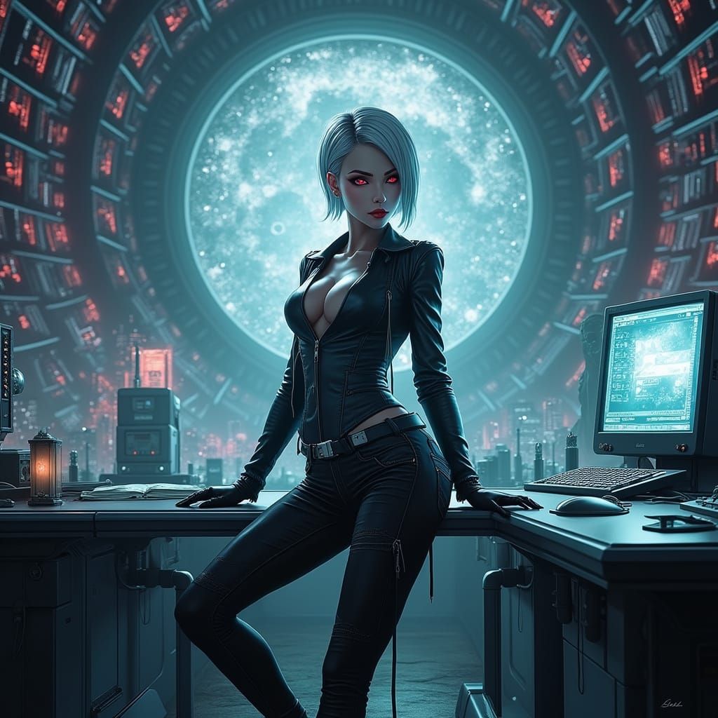 Seductive Femme Fatale in Cyberpunk Style
