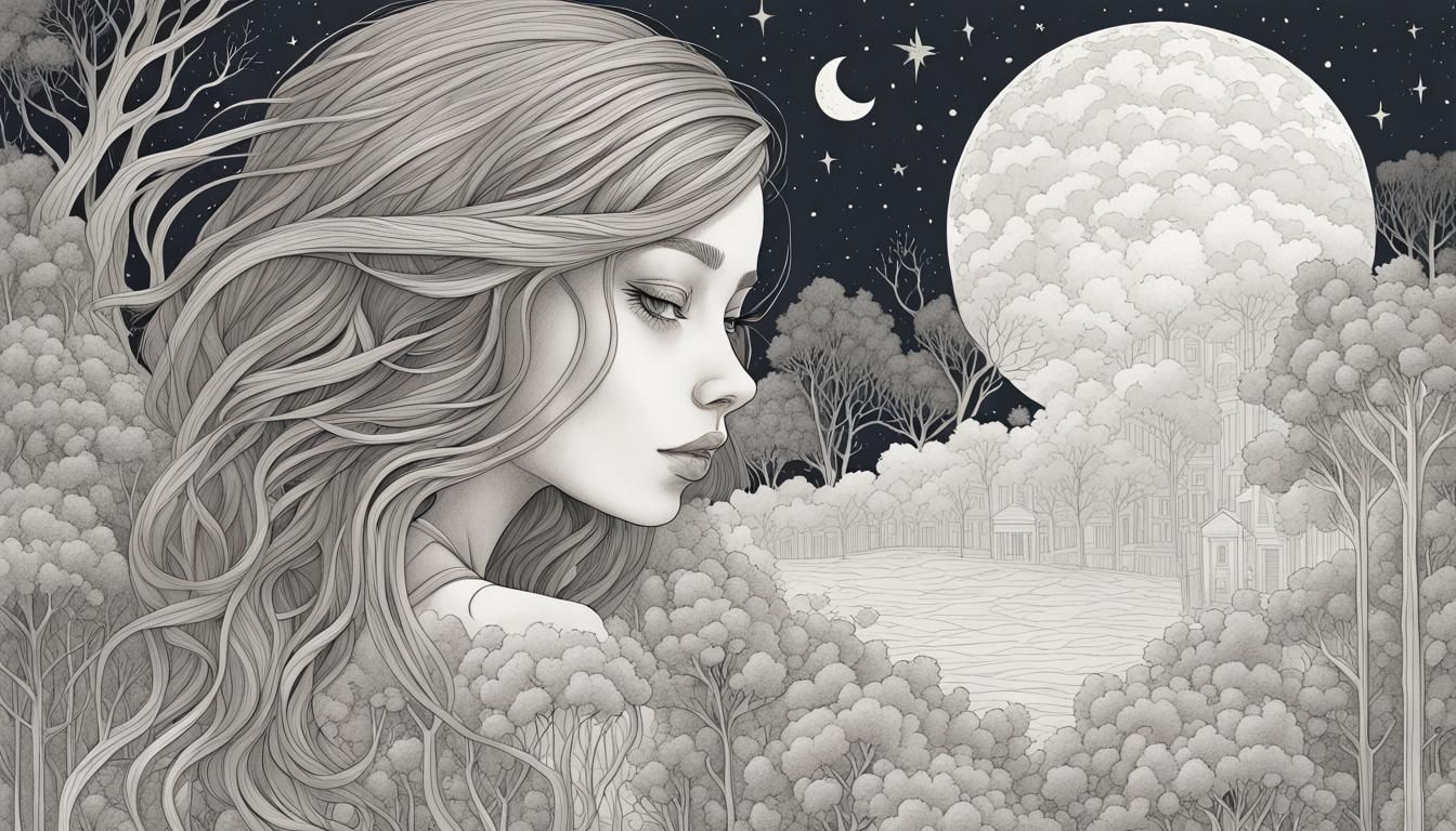 Monochrome Line Art of Girl in Moonlit Wonderland