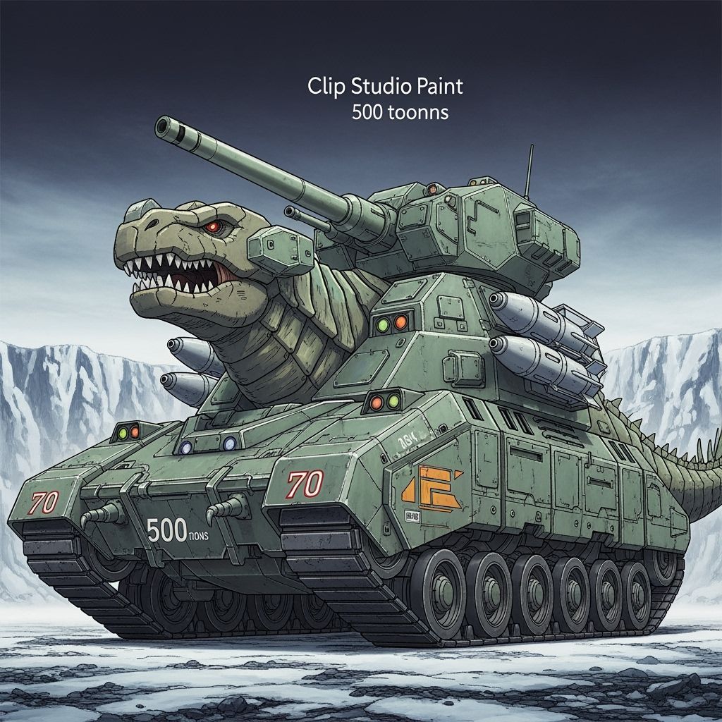 Massive Dinosaur-Tank Hybrid in Arctic Landscape