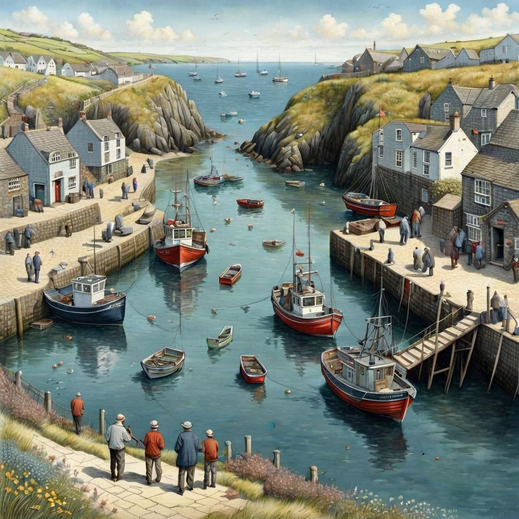 Cornwall Fishing Harbor Illustration in Inga Moore Style