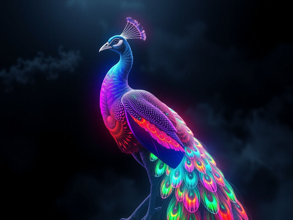 Rainbow Bioluminescent Peacock in 3D Anime Art Style