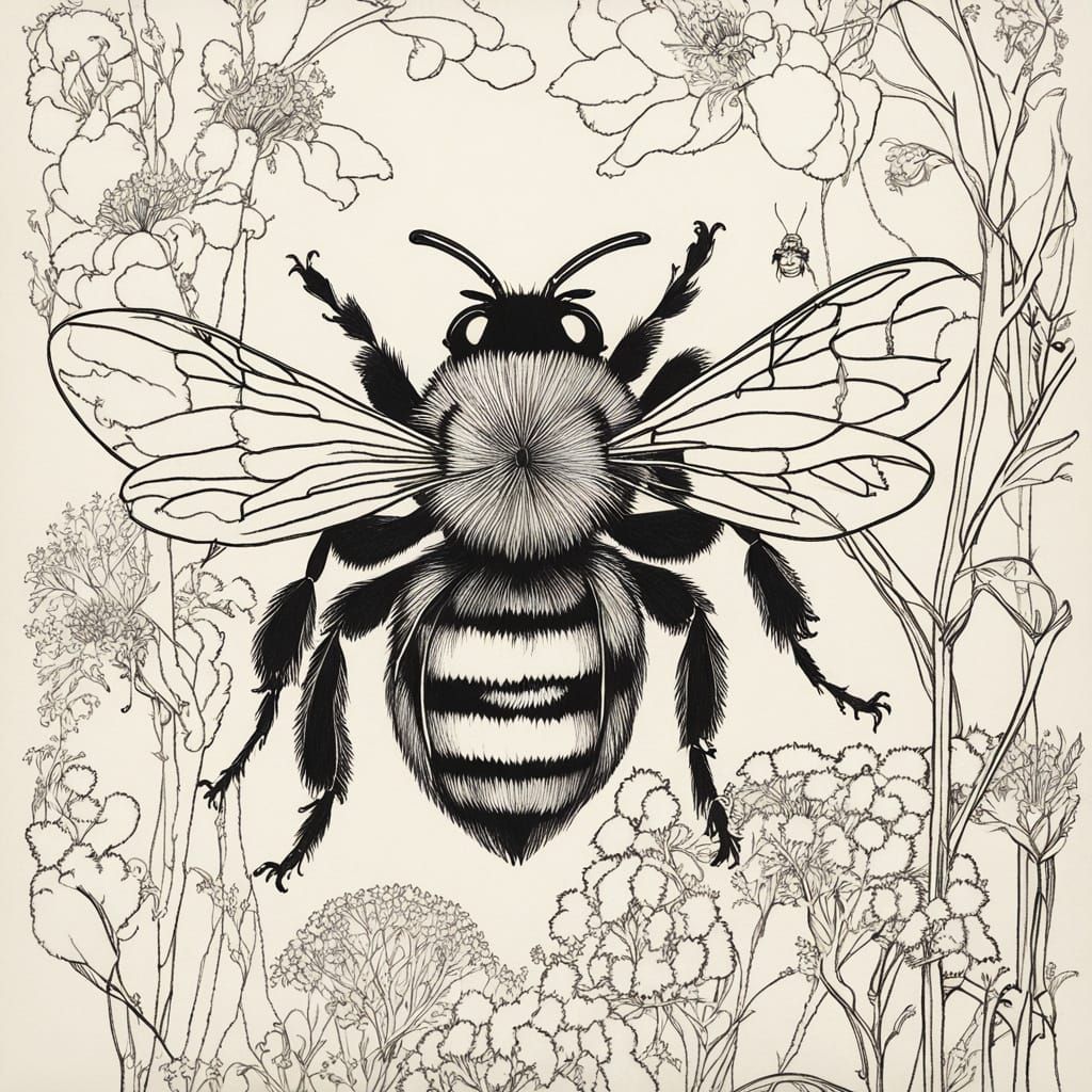 Edwardian Line Drawing of a Yellow Bumblebee
