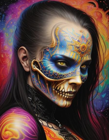 Psychedelic Ghost Rider in Fractal Galaxy: Alex Grey Style