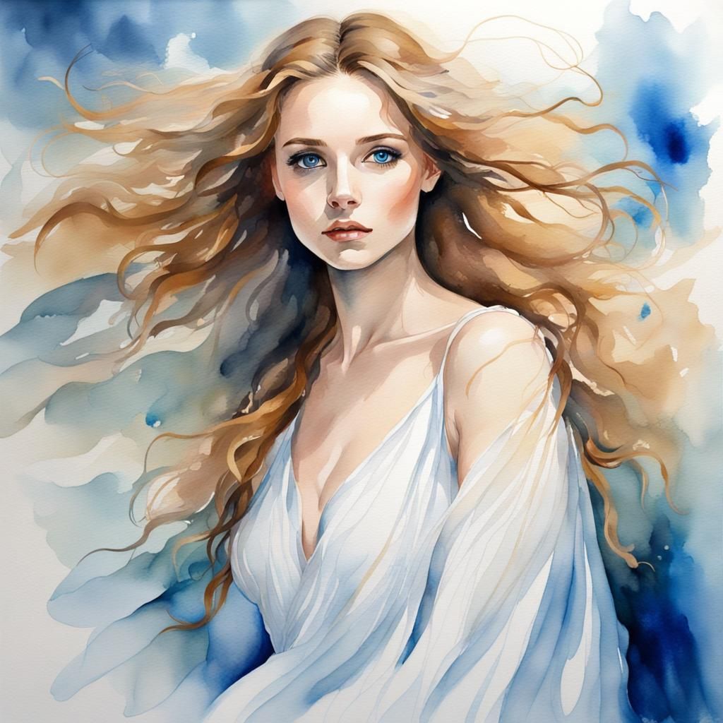 Watercolor Portrait of a Lovely Young Goddess