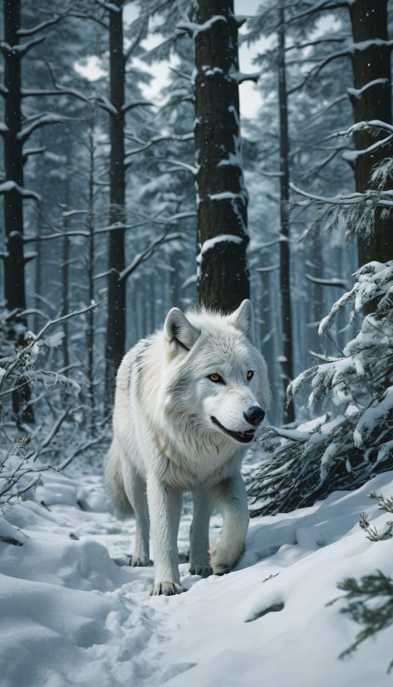 Majestic White Wolf Navigates Snowy Wilderness