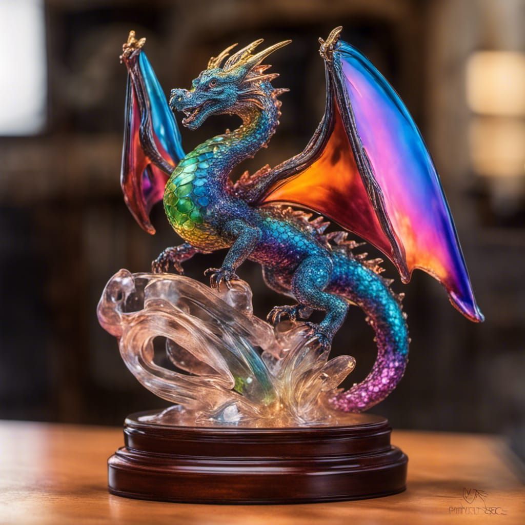 Iridescent Glass Dragon Figurine on Mahogany Stand