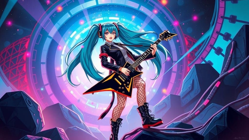 Surreal Heavy Metal Goddess Shreds in Neon Dreamscape
