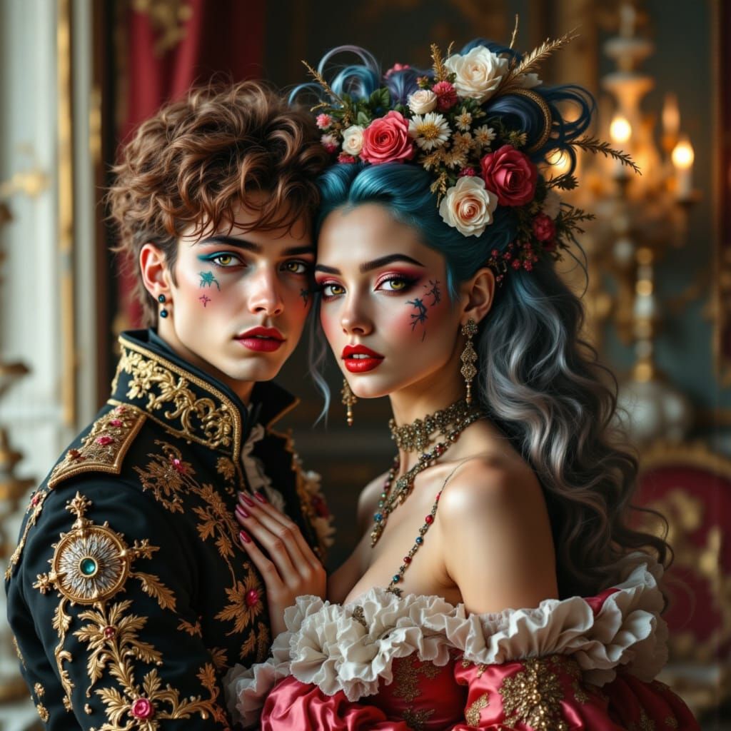 Ethereal French Court in Cyberpunk Rococo Fusion