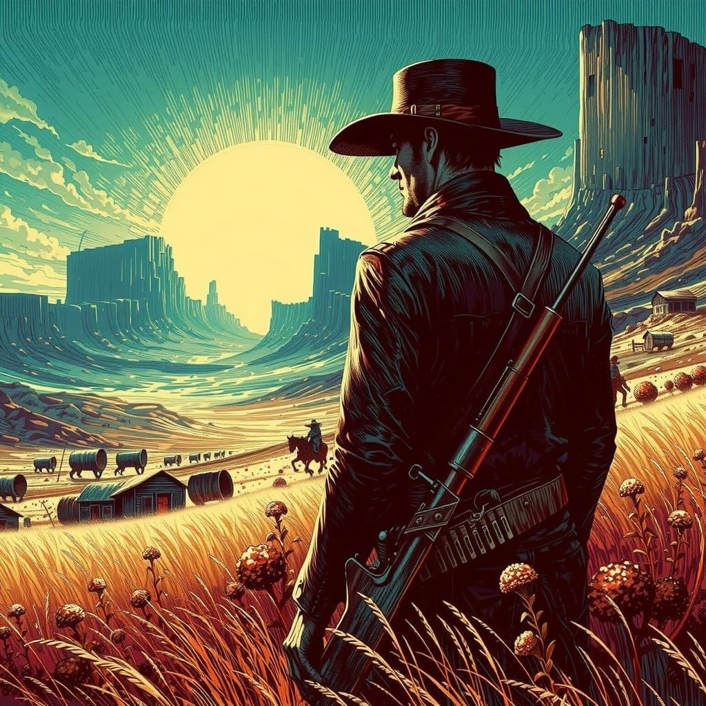 Lone Cowboy in Old West Landscape, Detailed Inkwork Style