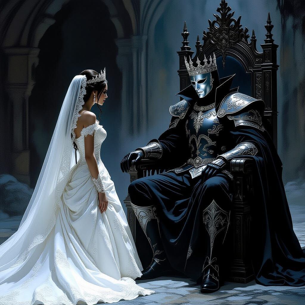 Masked King in Throne Room, Dark Fantasy Style