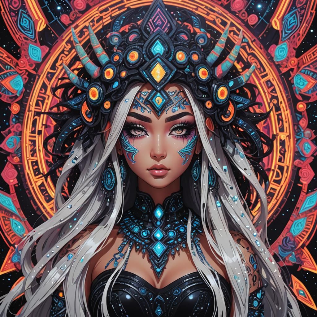 Psychedelic Anime Demon Enchantress in Neon Black Light