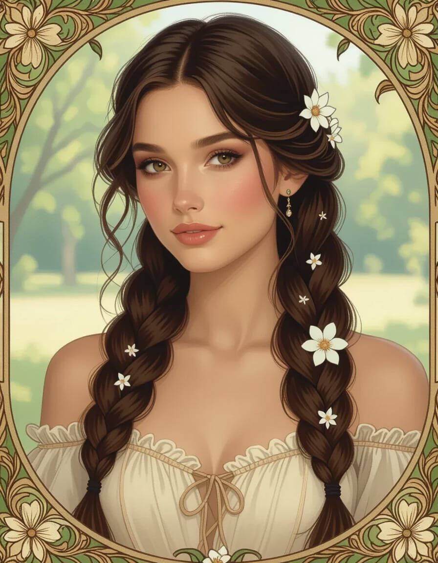 Woman with Braids and Flowers in Art Nouveau Style