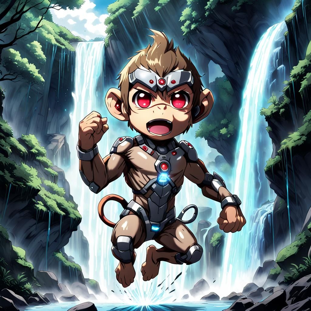 Chibi Cyborg Monkey Leaping Near Waterfall